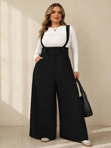 SHEIN CURVE+ 大尺碼女款純色口袋百褶休閒日常寬腿連身褲 秋季 - 黑色 - 查看 7