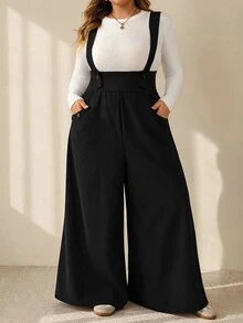 SHEIN CURVE+ 大尺碼女款純色口袋百褶休閒日常寬腿連身褲 秋季 - 黑色 - 查看 6