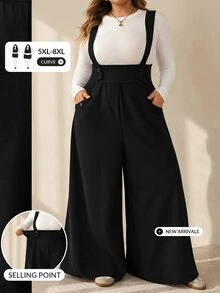 SHEIN CURVE+ 大尺碼女款純色口袋百褶休閒日常寬腿連身褲 秋季 - 黑色 - 查看 9