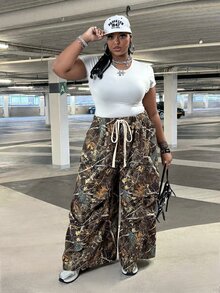 SHEIN CURVE+ Plus Size Women's Spring And Summer Basic Striped Tree Branch Pattern Wide Leg Sports Pants Cargo Pants Camo Women Vacation Casual Formal - Multicolor - View 8