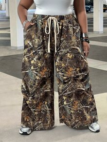 SHEIN CURVE+ Plus Size Women's Spring And Summer Basic Striped Tree Branch Pattern Wide Leg Sports Pants Cargo Pants Camo Women Vacation Casual Formal - Multicolor - View 9