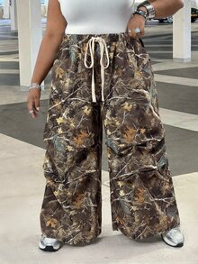 SHEIN CURVE+ Plus Size Women's Spring And Summer Basic Striped Tree Branch Pattern Wide Leg Sports Pants Cargo Pants Camo Women Vacation Casual Formal - Multicolor - View 7
