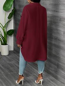 SHEIN CURVE+ Plus Size White Long Sleeve Lantern Sleeve Shirt, Spring Fall - Burgundy - View 2