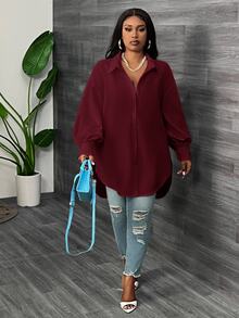 SHEIN CURVE+ Plus Size White Long Sleeve Lantern Sleeve Shirt, Spring Fall - Burgundy - View 3
