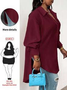 SHEIN CURVE+ Plus Size White Long Sleeve Lantern Sleeve Shirt, Spring Fall - Burgundy - View 1