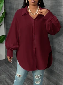 SHEIN CURVE+ Plus Size White Long Sleeve Lantern Sleeve Shirt, Spring Fall - Burgundy - View 5