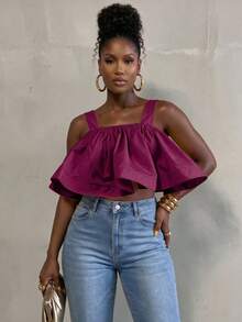 BamGlimmer Women's Spring Summer Autumn Spaghetti Strap Back Tie Crop Top Going Out Party Purple Elegant - Purple - View 2