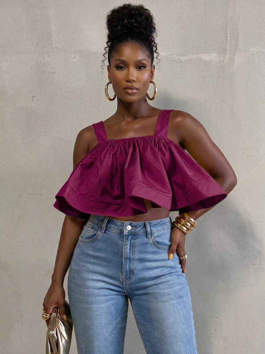 BamGlimmer Women's Spring Summer Autumn Spaghetti Strap Back Tie Crop Top Going Out Party Purple Elegant