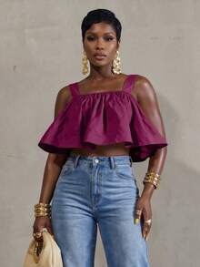 BamGlimmer Women's Spring Summer Autumn Spaghetti Strap Back Tie Crop Top Going Out Party Purple Elegant - Purple - View 4