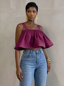 BamGlimmer Women's Spring Summer Autumn Spaghetti Strap Back Tie Crop Top Going Out Party Purple Elegant - Purple - View 6