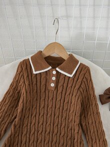 SHEIN Kids Young Girl Young Girl Young Girl Oversized Casual & Comfortable Contrast Color Ruffle Collar Bow Decor Knitted Sweate Autumn - Brown - View 7