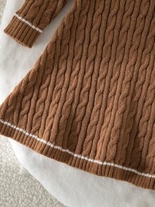 SHEIN Kids Young Girl Young Girl Young Girl Oversized Casual & Comfortable Contrast Color Ruffle Collar Bow Decor Knitted Sweate Autumn - Brown - View 8