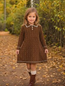 SHEIN Kids Young Girl Young Girl Young Girl Oversized Casual & Comfortable Contrast Color Ruffle Collar Bow Decor Knitted Sweate Autumn - Brown - View 2