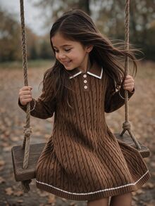 SHEIN Kids Young Girl Young Girl Young Girl Oversized Casual & Comfortable Contrast Color Ruffle Collar Bow Decor Knitted Sweate Autumn - Brown - View 4