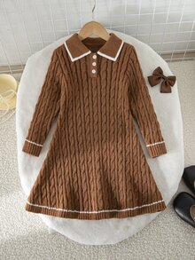 SHEIN Kids Young Girl Young Girl Young Girl Oversized Casual & Comfortable Contrast Color Ruffle Collar Bow Decor Knitted Sweate Autumn - Brown - View 5