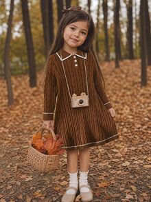 SHEIN Kids Young Girl Young Girl Young Girl Oversized Casual & Comfortable Contrast Color Ruffle Collar Bow Decor Knitted Sweate Autumn - Brown - View 3