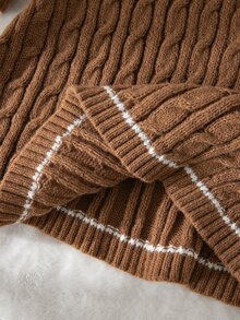 SHEIN Kids Young Girl Young Girl Young Girl Oversized Casual & Comfortable Contrast Color Ruffle Collar Bow Decor Knitted Sweate Autumn - Brown - View 9