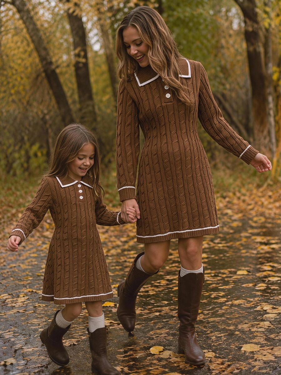 SHEIN Kids Young Girl Young Girl Young Girl Oversized Casual & Comfortable Contrast Color Ruffle Collar Bow Decor Knitted Sweate Autumn - Brown - View 1