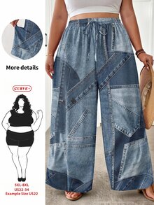 SHEIN CURVE+ Plus Size Casual Traditional Loose Printed Pants Formal Vacation Light Blue Autumn Fall Vacation Vacation - Multicolor - View 1