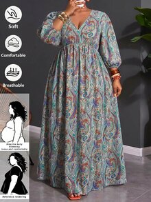 SHEIN CURVE+ Plus Size Women's Vacation Cashew Print V-Neck Dress, Suitable For All Skin Tones - Multicolor - View 10