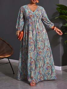 SHEIN CURVE+ Plus Size Women's Vacation Cashew Print V-Neck Dress, Suitable For All Skin Tones - Multicolor - View 7