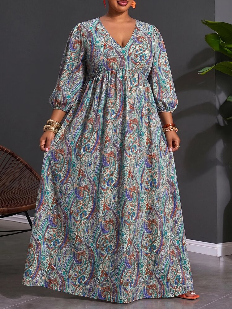 SHEIN CURVE+ Plus Size Women's Vacation Cashew Print V-Neck Dress, Suitable For All Skin Tones - Multicolor - View 8