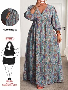 SHEIN CURVE+ Plus Size Women's Vacation Cashew Print V-Neck Dress, Suitable For All Skin Tones - Multicolor - View 1