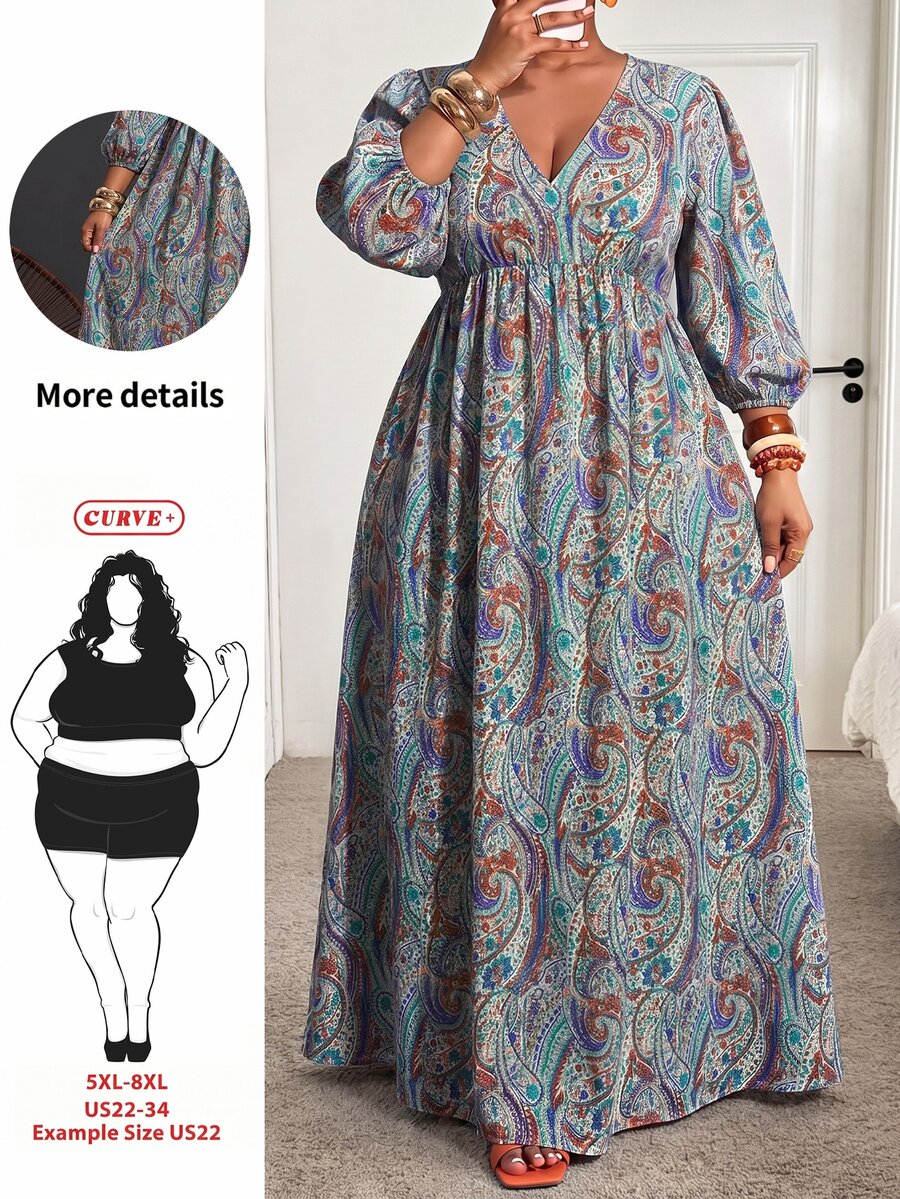 SHEIN CURVE+ Plus Size Women's Vacation Cashew Print V-Neck Dress, Suitable For All Skin Tones - Multicolor - View 1