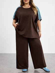 SHEIN CURVE+ Plus Size Women Light Blue Round Neck Short Sleeve T-Shirt And Pants Casual 2 Pieces Set Vacation Summer - Brown - View 9