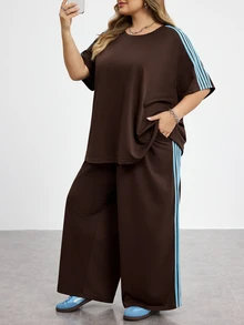 SHEIN CURVE+ Plus Size Women Light Blue Round Neck Short Sleeve T-Shirt And Pants Casual 2 Pieces Set Vacation Summer - Brown - View 8