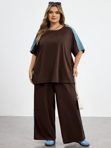 SHEIN CURVE+ Plus Size Women Light Blue Round Neck Short Sleeve T-Shirt And Pants Casual 2 Pieces Set Vacation Summer - Brown - View 7