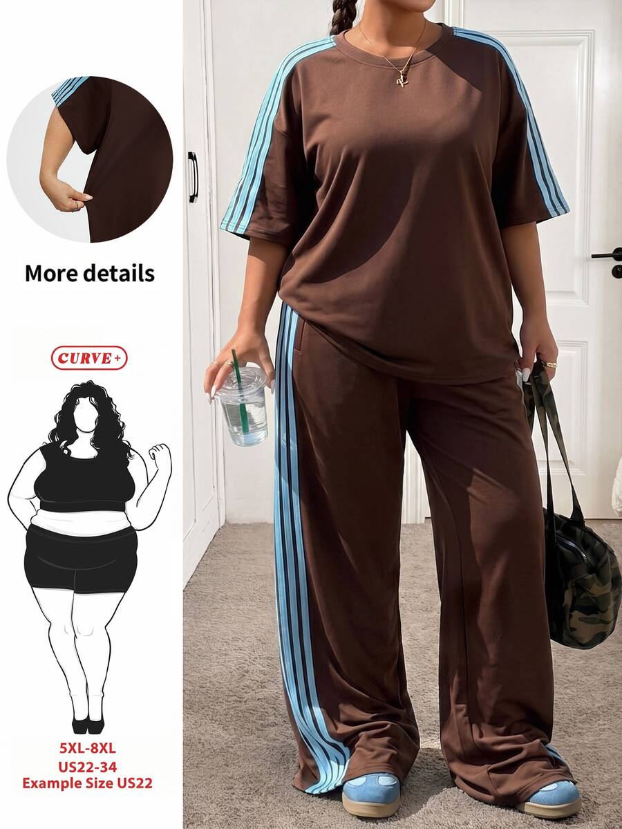 SHEIN CURVE+ Plus Size Women Light Blue Round Neck Short Sleeve T-Shirt And Pants Casual 2 Pieces Set Vacation Summer
