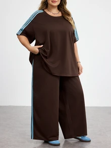 SHEIN CURVE+ Plus Size Women Light Blue Round Neck Short Sleeve T-Shirt And Pants Casual 2 Pieces Set Vacation Summer - Brown - View 5