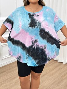 SHEIN CURVE+ Plus Size Women's Random Baby Blue Pattern Curved Hem T-Shirt Vacation Office Concert Summer Business Casual Mom - Multicolor - View 7