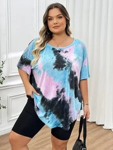SHEIN CURVE+ Plus Size Women's Random Baby Blue Pattern Curved Hem T-Shirt Vacation Office Concert Summer Business Casual Mom - Multicolor - View 5
