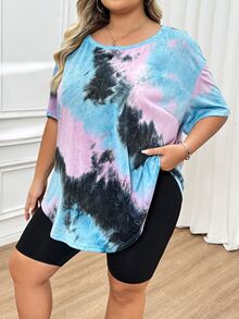 SHEIN CURVE+ Plus Size Women's Random Baby Blue Pattern Curved Hem T-Shirt Vacation Office Concert Summer Business Casual Mom - Multicolor - View 8