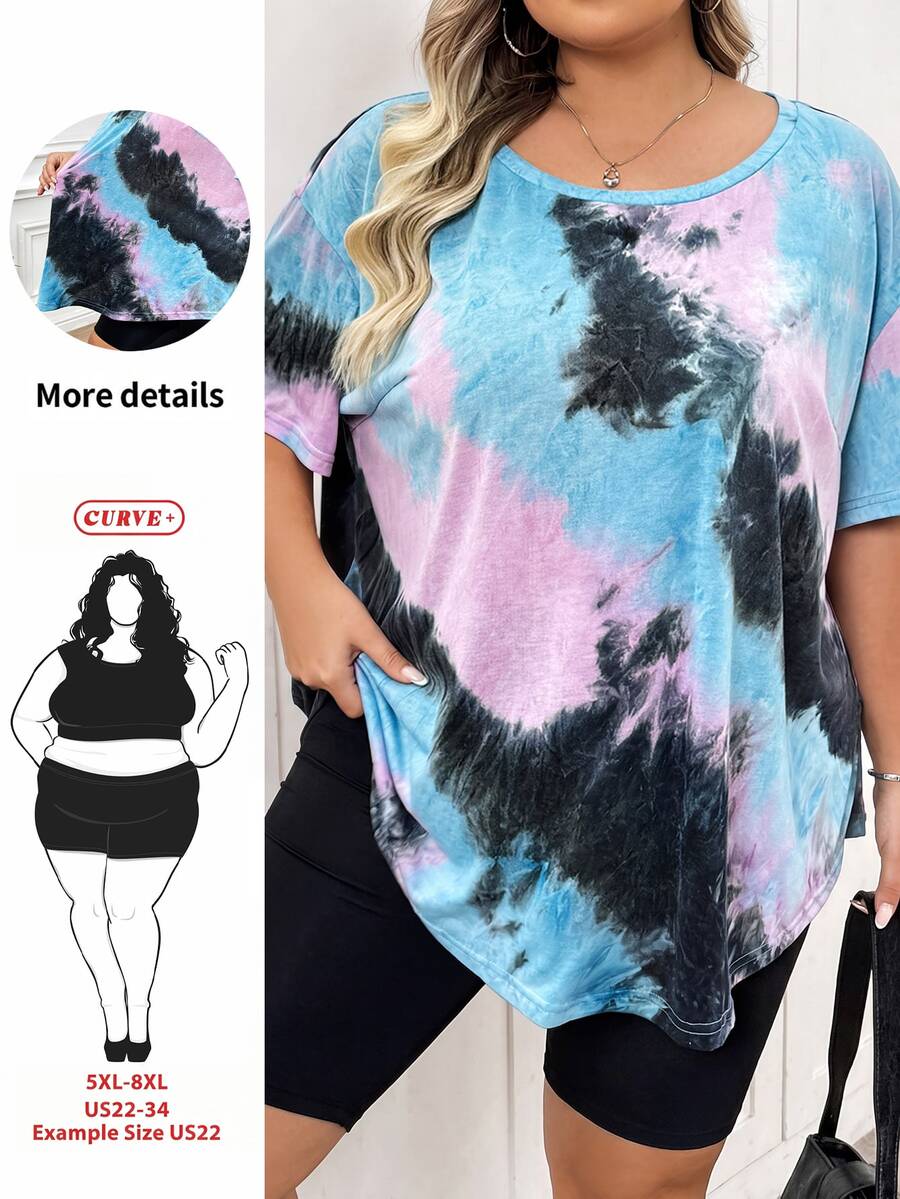 SHEIN CURVE+ Plus Size Women's Random Baby Blue Pattern Curved Hem T-Shirt Vacation Office Concert Summer Business Casual Mom - Multicolor - View 1