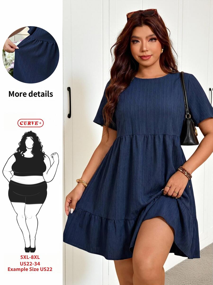 SHEIN CURVE+ Curve Size US22 Navy Blue Summer Boho Business Casual Vacation Holiday Solid Color Short Sleeve Dress,Music Festival,Seaside,A-Line,Easter,Country - Navy Blue - View 1