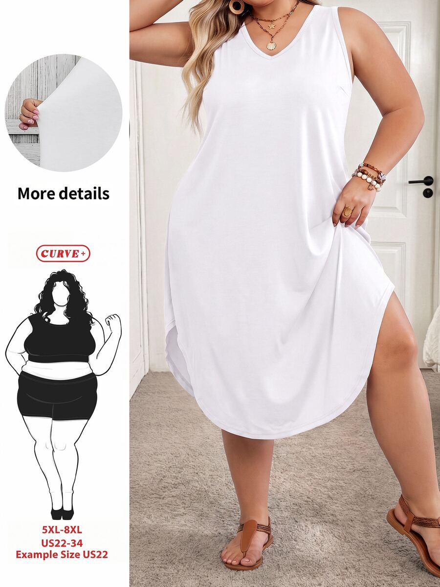 SHEIN CURVE+ Plus Size Women's Solid Color Curved Hem Vest Dress - White - View 1