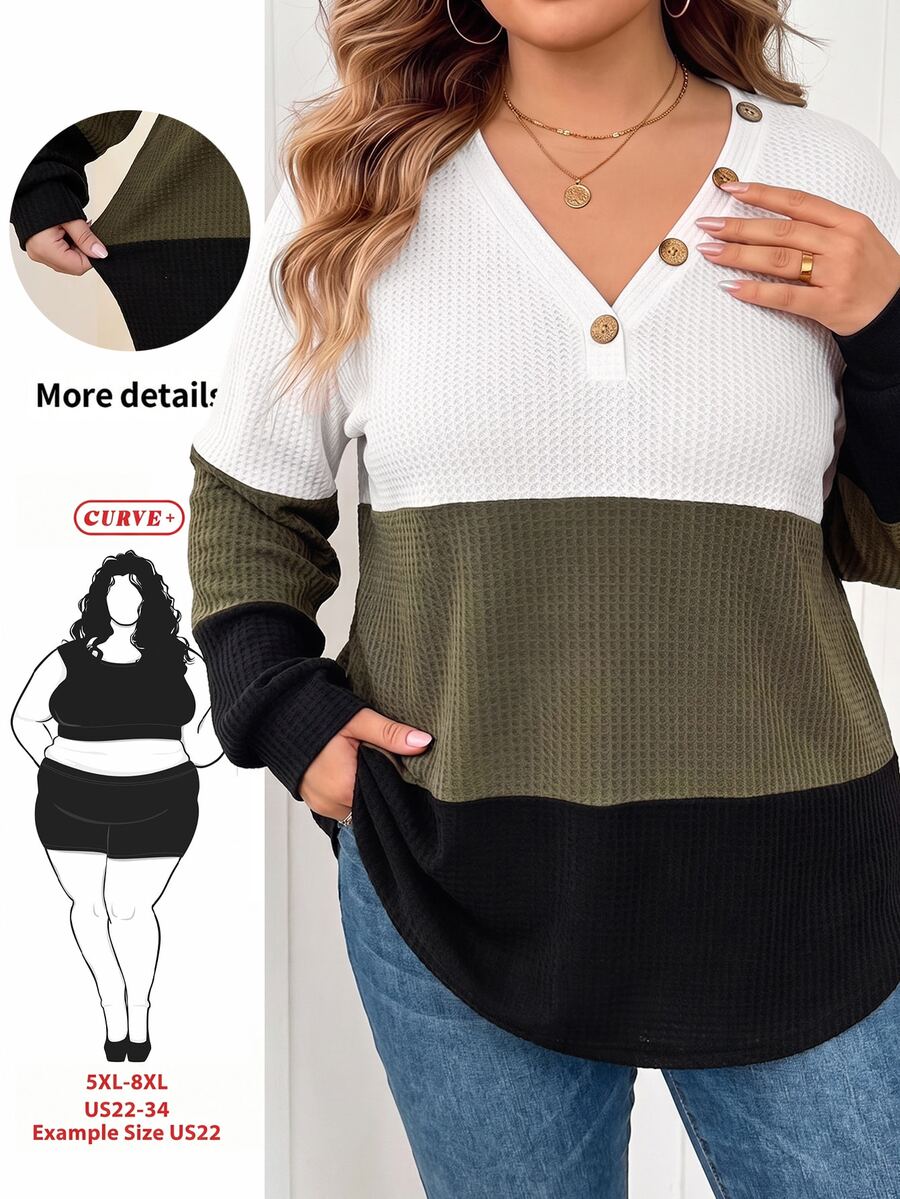 SHEIN CURVE+ Plus Size Women's Button Design V-Neck Contrast Color Long Sleeve Casual T-Shirt Fall - Multicolor - View 1