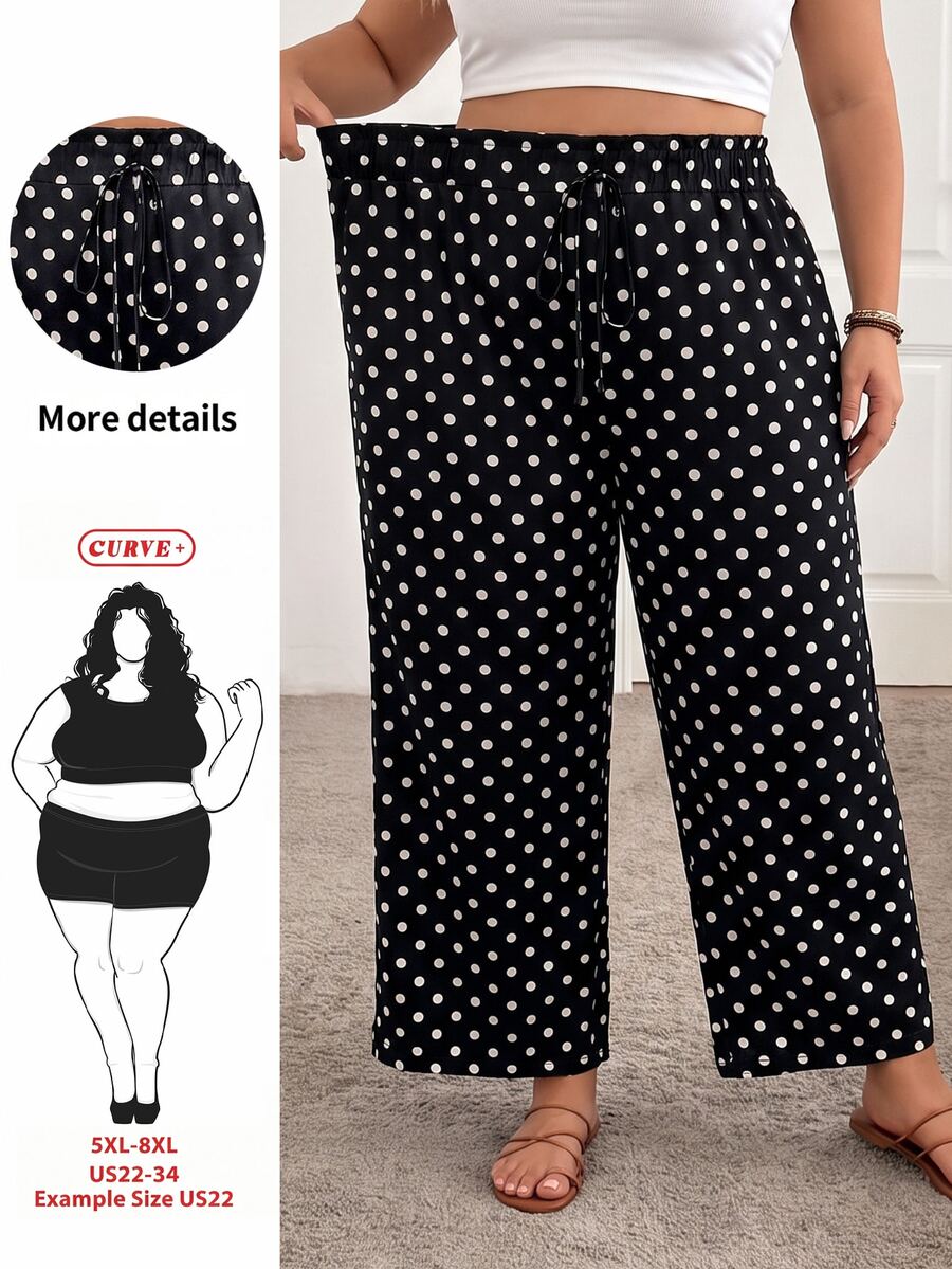 SHEIN CURVE+ 大尺碼休閒 80s 90s 素色寬鬆長褲 海灘早午餐居家度假穿著 2026 夏季 22W 黑白 - 黑與白 - 查看 1