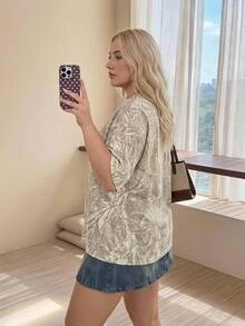 SHEIN CURVE+ Plus Size 22W Plus Size Casual Minimalist Loose Round Neck Women's T-Shirt Suitable For Autumn/Winter - Multicolor - View 4