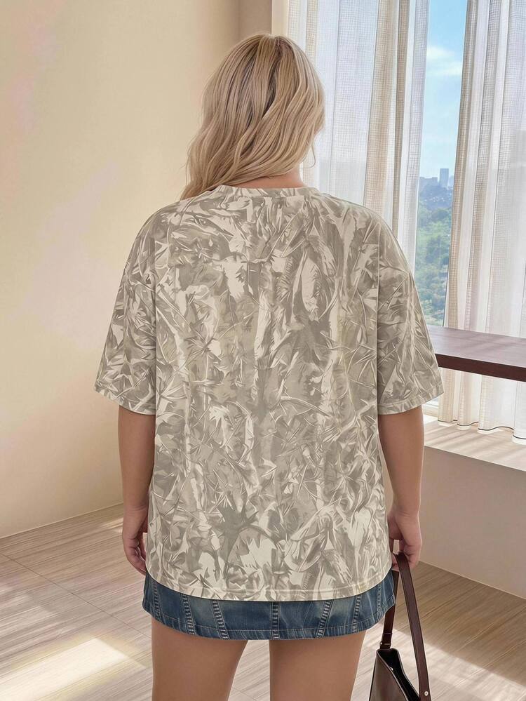 SHEIN CURVE+ Plus Size 22W Plus Size Casual Minimalist Loose Round Neck Women's T-Shirt Suitable For Summer/ Vacation Beach Club Beige - Multicolor - View 2
