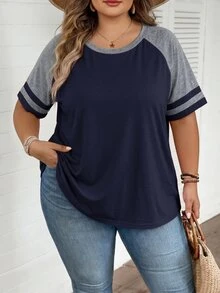 SHEIN CURVE+ Plus Size Summer Casual Contrast Color Raglan T-Shirt Summer Top Spring Beach Vacation For Women Bohemian Casual Tee For Women - Navy Blue - View 5