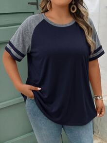 SHEIN CURVE+ Plus Size Summer Casual Contrast Color Raglan T-Shirt Summer Top Spring Beach Vacation For Women Bohemian Casual Tee For Women - Navy Blue - View 4