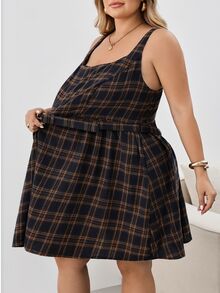 SHEIN CURVE+ Plus Size White Chocolate Brown Plaid Mini Dress, Square Neck, With Belt, Fall Winter 2026 22W - Multicolor - View 3