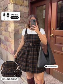 SHEIN CURVE+ Plus Size White Chocolate Brown Plaid Mini Dress, Square Neck, With Belt, Fall Winter 2026 22W - Multicolor - View 11