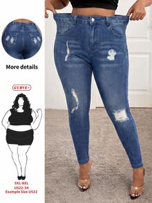SHEIN CURVE+ Plus Size Casual Pocket Button Distressed Design Slim Fit Pants Daily Wear, Fall Winter 2026 22W - Blue - View 2