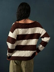 Bohemela Women's Korean Style Asymmetrical Shoulder Striped Colorblock Long Sleeve Sweater - Black and White - View 7