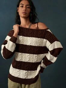 Bohemela Women's Korean Style Asymmetrical Shoulder Striped Colorblock Long Sleeve Sweater - Black and White - View 3